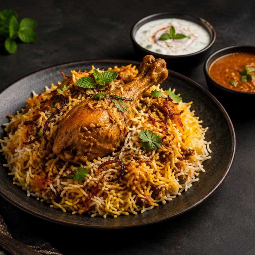 Chicken Dum Biryani — Slow dum-cooked basmati rice layered with marinated chicken, saffron, fried onions and fresh mint.