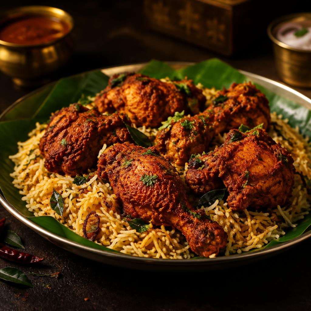 Chicken Fry Piece Biryani — Classic biryani topped with spicy fried chicken pieces, served Andhra-style on a banana leaf plate.