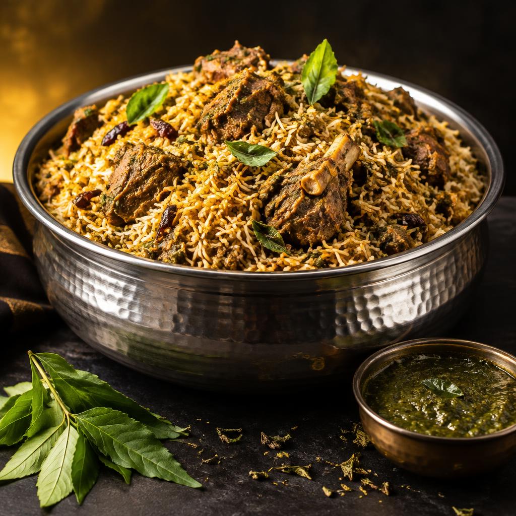 Gongura Mutton Biryani Family Pack — A family-sized handi of mutton biryani cooked with tangy gongura (sorrel leaf) masala.