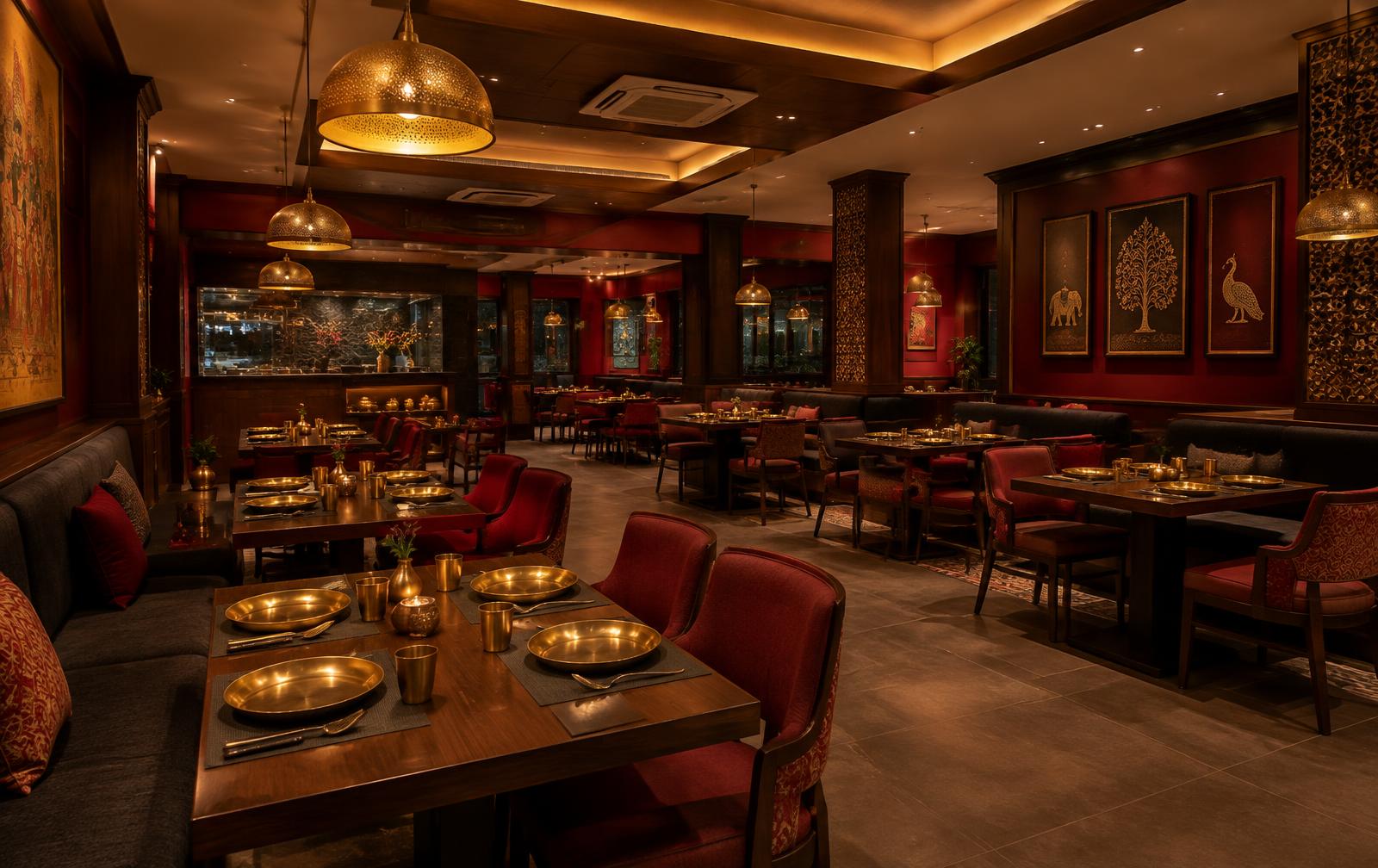 Warm air-conditioned dining hall at Dolphin’s with wooden tables and golden pendant lights