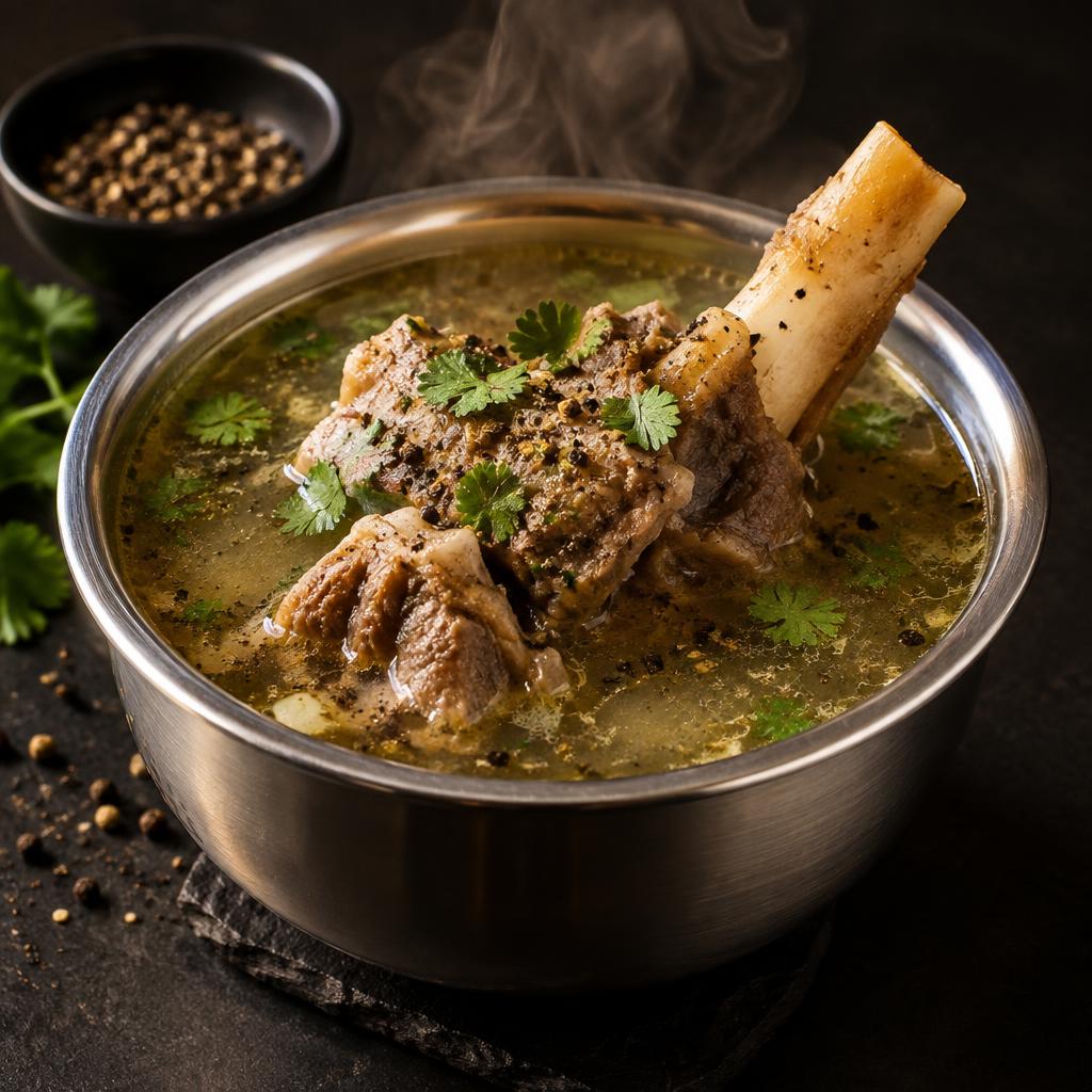 Mutton Bone Soup — Clear peppery soup simmered with mutton bones, finished with coriander and crushed black pepper.