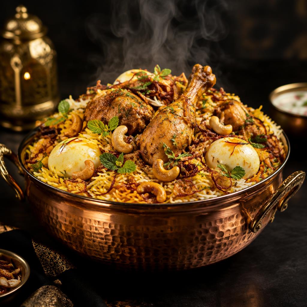 Rambo Biryani — The house speciality — a generously loaded biryani with tender chicken, eggs, cashews and crispy onions.